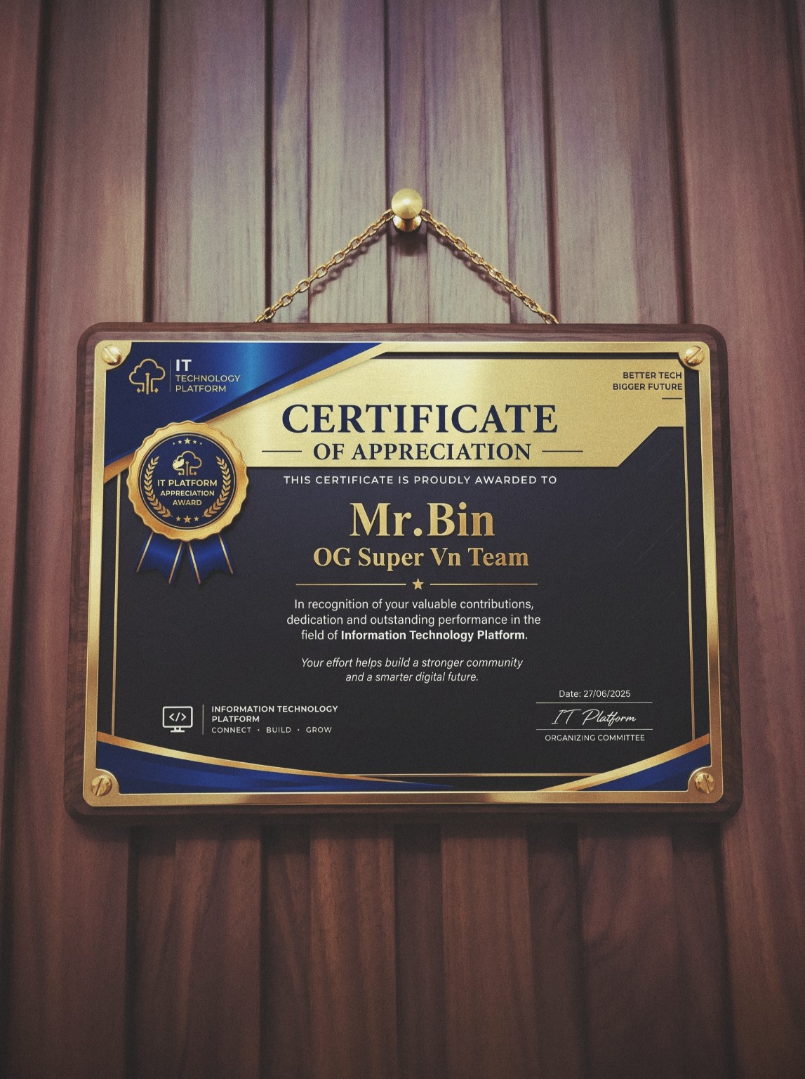 Certificate of Appreciation — Mr. Bin, OG Super Vn Team